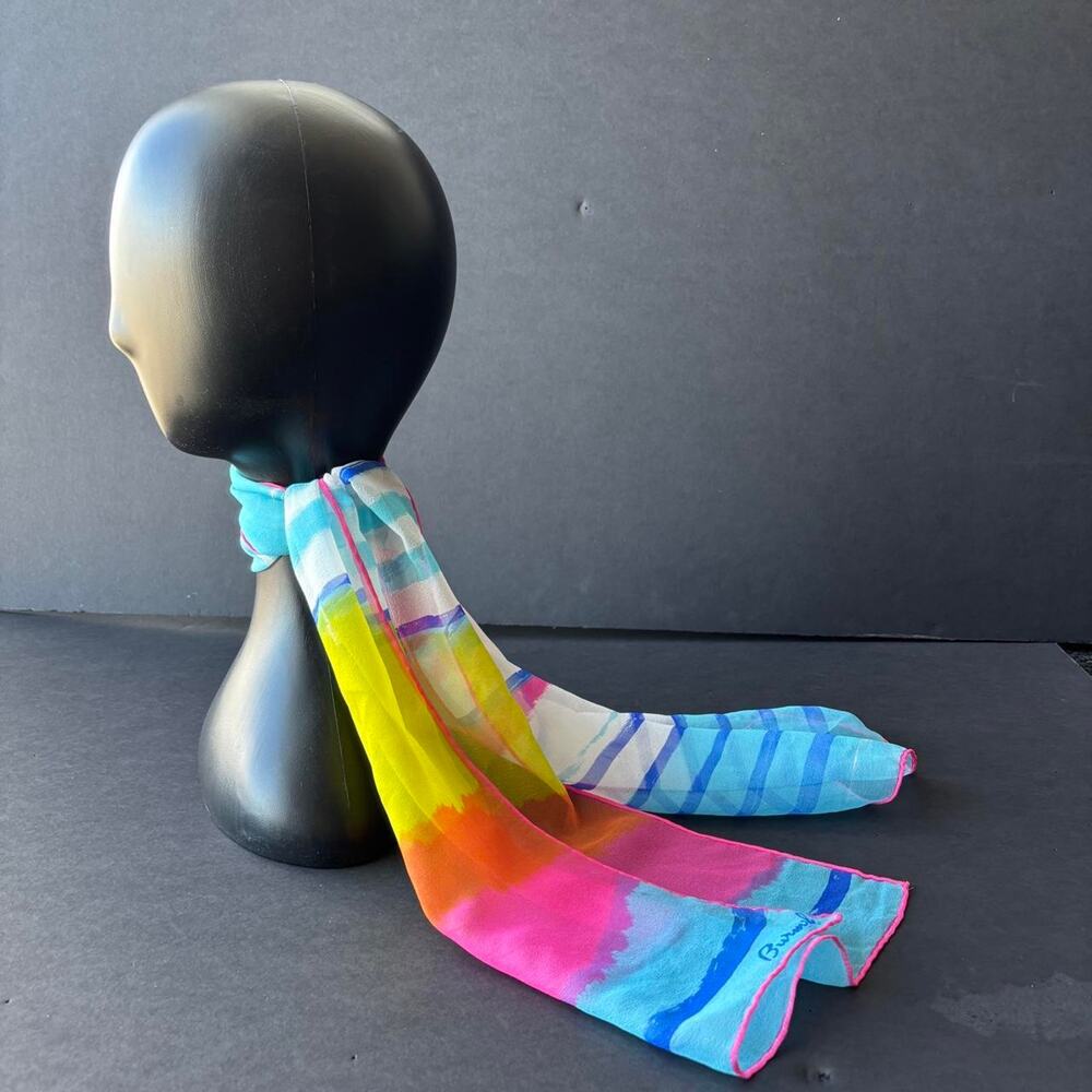 VTG 60s/70s Burmel Vinal Silk Blue Pink Yellow Abstract Scarf Japan Hand Rolled